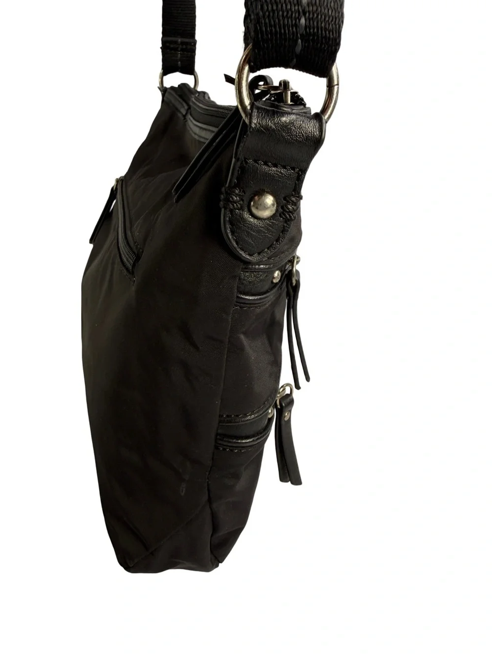 Black Nylon Crossbody Bag with Multiple Zipper Pockets
